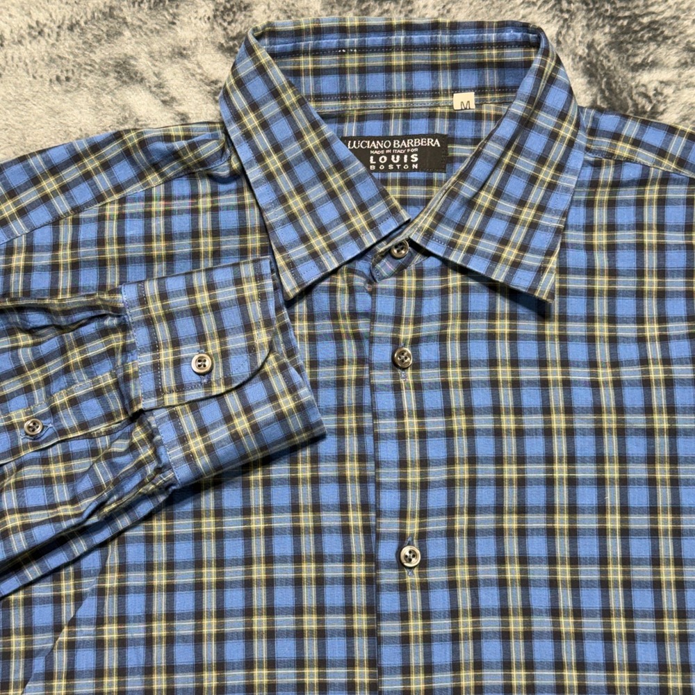 Luciano Barbera Button Front Shirt Mens M Blue Plaid